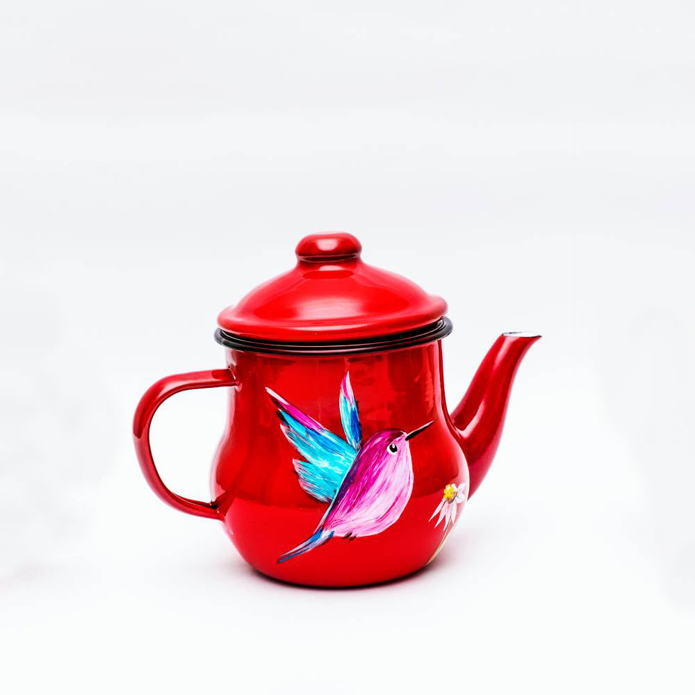 tetera para te enlozada roja diseño colibri – Te de tetera