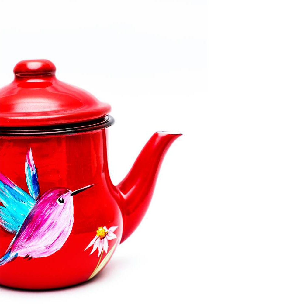 tetera para te enlozada roja diseño colibri – Te de tetera