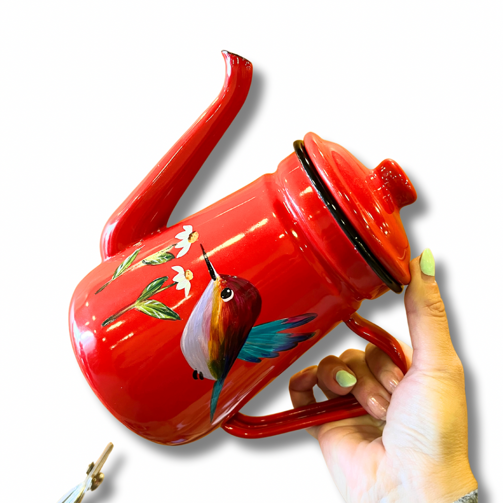 tetera para te enlozada roja diseño colibri – Te de tetera