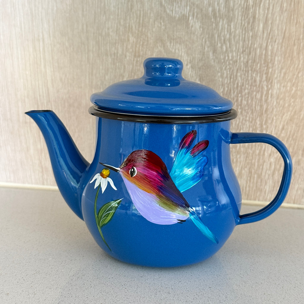 Tetera enlozada celeste para té
