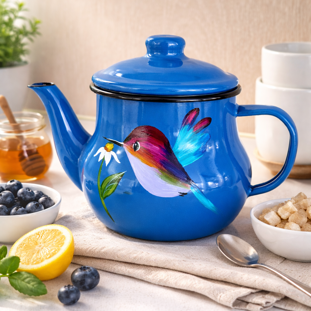 Tetera enlozada celeste para té