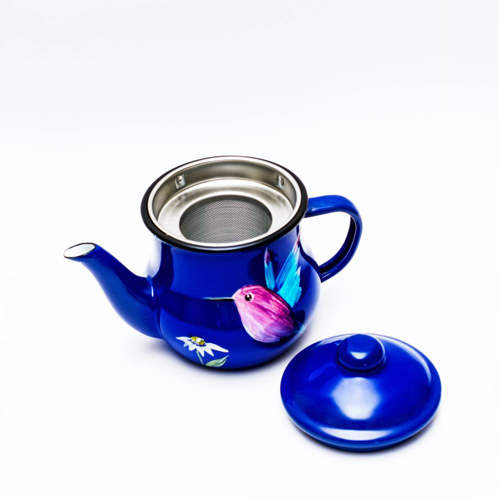 Tetera enlozada azul para té