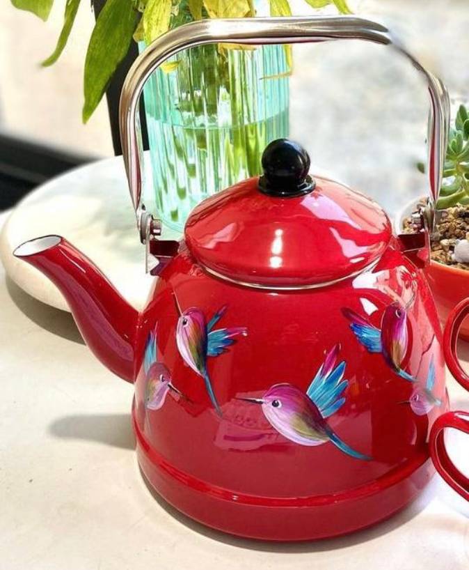 Tetera enlozada roja 3 litros colibrí
