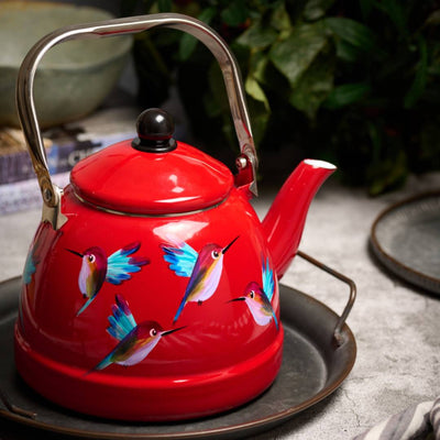 Tetera enlozada roja 3 litros colibrí